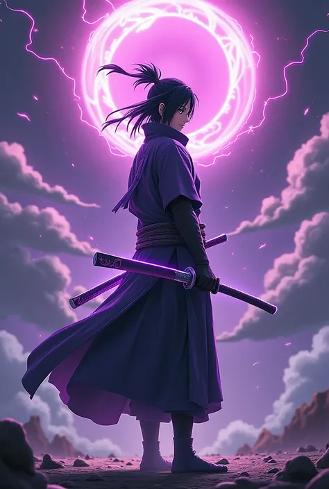 Realistic 4d wallpaper, sasuke character from naruto series, with purple lightning katana, samurai costume, naruto anime headband, logo clan uchiha anime naruto, all elements are very detailed, standing figure of susano&#39;o with purple aura, realistic mo...