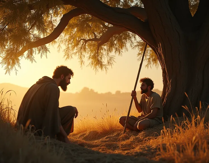 An atmospheric scene depicting Gideon in the book of Judges 6, where the angel of the Lord visits him. Set in an ancient rural landscape, under a large, weathered oak tree in Ophrah. Gideon, dressed in humble work clothes, is crouched in a winepress, quiet...