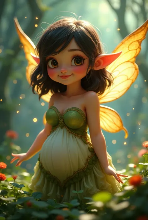 A beautiful, chubby fairy in love with shoulder-length dark brown hair