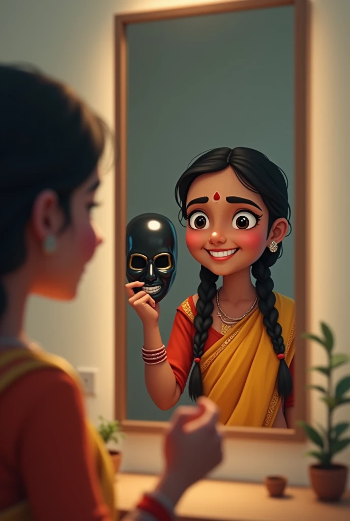 A Indian girl which catch a hacker mask in her right hand and looking in a mirror from front with happy mood.