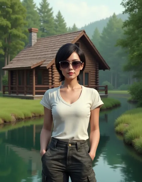 Realistic, beautiful woman 35 years pixie  cut black-brown hair, clear face details, wearing sunglasses, white shirt and dark camo trousers, standing in front of beautiful log cabin house in a forest, green canal, green atmosphere 