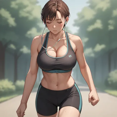  1girl solo, hair, smooth body, curvy hips, (large breasts), jogging, tight workout bra, wide cleavage, thongs, miniskirt, legging, wearing earbuds BREAK score_9, score_8_up, score_7_up, score_6_up, score_5_up, score_4_up, source_anime,