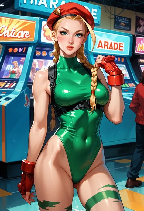 Realistic picture of Cammy, from Street Fighter, braided pigtail, green costume, standing in an arcade, sexy pose, intricated detail, 8k, cinematic, volumetric light.