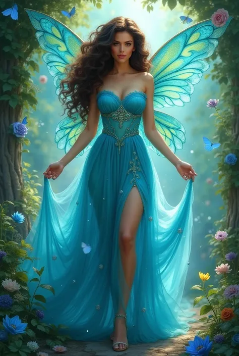 A beautiful fairy in love with blue and aqua green clothes, fat woman with dark brown curly hair to the shoulder