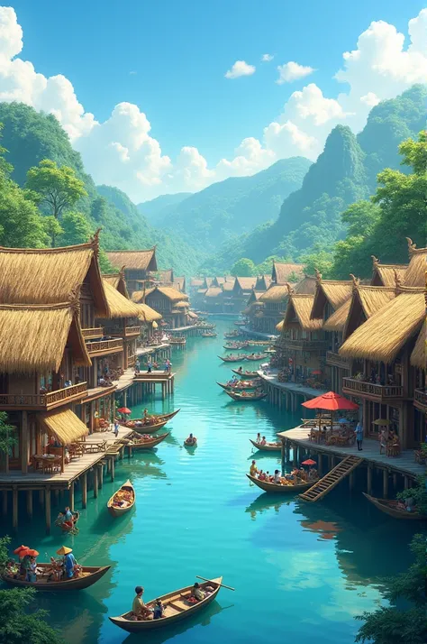 This image shows a floating market or riverside village with thatched-roof houses perched on stilts over the water. The houses are made of wood and bamboo, are traditional and are placed close together. There are walkways or piers connecting the houses. So...