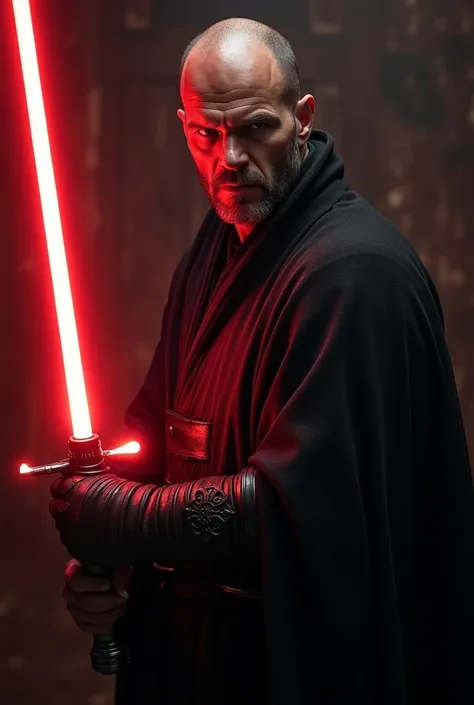 Jason Statham as a Sith, red lightsaber, imposing, badass, evil