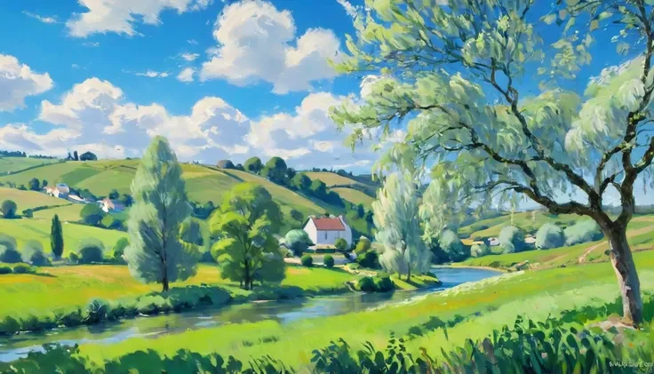  score_9, score_8_up, score_7_up, score_6_up, Peaceful, countryside, rolling hills, willow trees, lush greenery, high-quality, blue sky, fluffy clouds, wind-rustled leaves, swaying branches, painterly style, heavy brushstrokes, natural light, warm glow, tr...