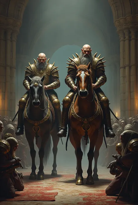 2 gnomes riding on horses with armor on with other gnomes kneeling for them in their palace dark fantasy 