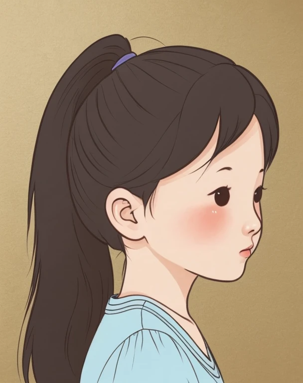 chibi face avatar, a vietnamese girl, three quarter view face, portrait, ponytail long hair, 3/4 view face. corner view of face