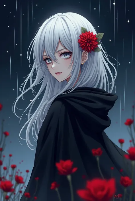 1girl,solo,1girl,solo,((beautiful detailed eyes)), (detailed light),depth of field,(white hair),silver eyes,hair over one eye,(red flower ), hair flower,long hair,black cloak,wet,emotionless,looking back,night,starfall,raining,fog,red flowers falling,sketc...