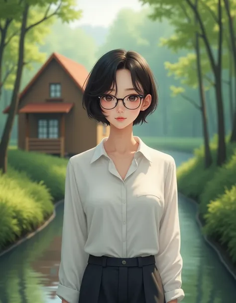 Realistic, beautiful woman 35 years pixie  cut black-brown hair, clear face details, thin smile, wearing eyeglasses white shirt and dark  trousers, standing in front of beautiful  cabin house in a forest, green canal, green morning atmosphere 