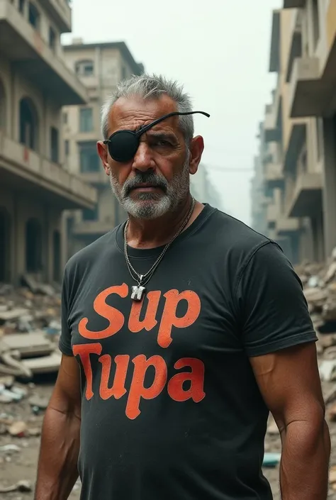 A 50-year-old one-eyed Latino man with a patch over his right eye in a devastated city wearing a Sup Tupa t-shirt 