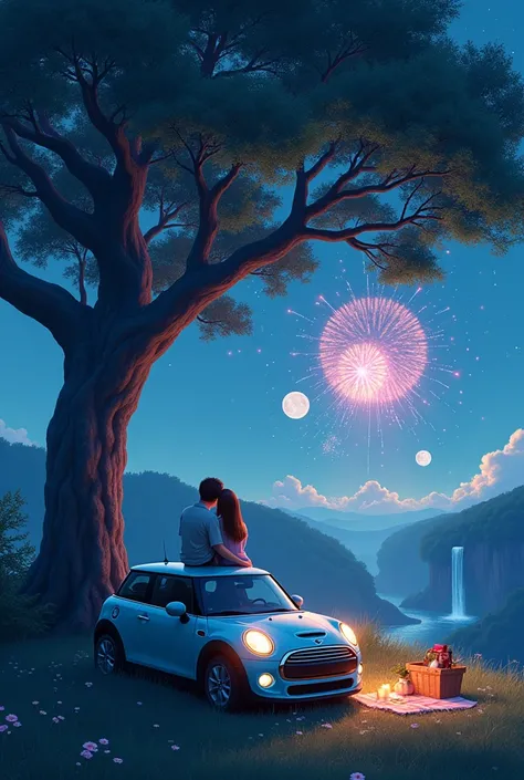 Create a romantic K-drama style image, where me and my girlfriend are sitting on top of a huge and majestic tree, which stands over a lovely field under the moonlight. They are both hugging each other, enjoying the quiet and beautiful night scenery. The ni...