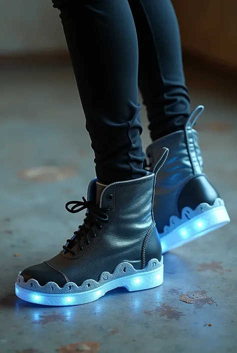 Lightweight boots made of soft dark leather and shiny fabric, that looks like it&#39;s made of clouds. The soles have wing symbols, and glow slightly when used to run or fly.