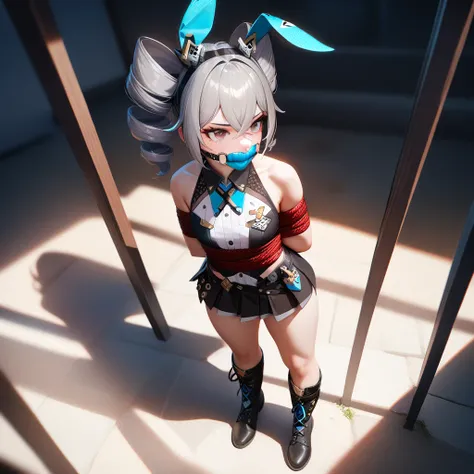 1girl,bronya zaychik,(Haxxor Bunny), honkai impact 3, rope bondage, full body,  gagged, ballgag, rope, hands behind back,tied boots, masterpiece, highly aesthetic, photorealistic, 8k, ultra-detailed, cinematic lighting, dramatic shadows, intricate details,...