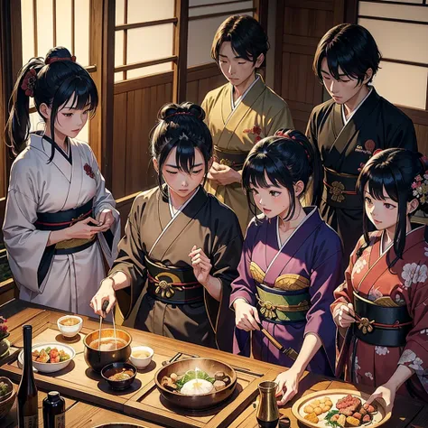 Japan、Sengoku period、Military commander、Men and women of all ages、8人のMen and women of all ages、腰にJapan刀、rural area、masterpiece、beautiful、Sounds fun!、Kimono、evening、Topknot、Inside the mansion、beautiful、Meal preparation