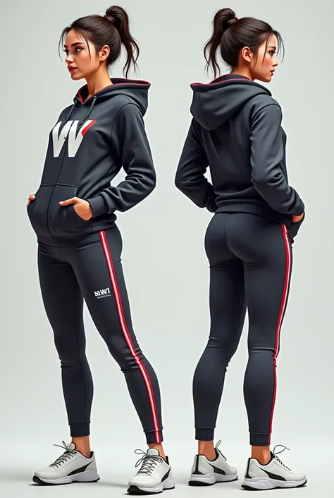 Create creative and simple  ladies  realistic image of track suit with written logo front and back "My Western Outlets" and highlight tha material through line multi color both side full picture also back side