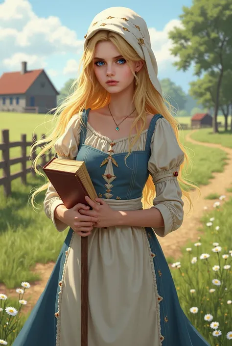 A girl with long blond hair, with blue eyes against the background of a farm. She is dressed in the outfit of a cute shepherdess, holding a holy book in her left hand and a staff in her right