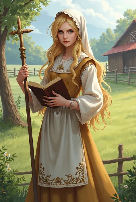 A girl with long blond hair, with blue eyes against the background of a farm. She is dressed in the outfit of a cute shepherdess, holding a holy book in her left hand and a staff in her right