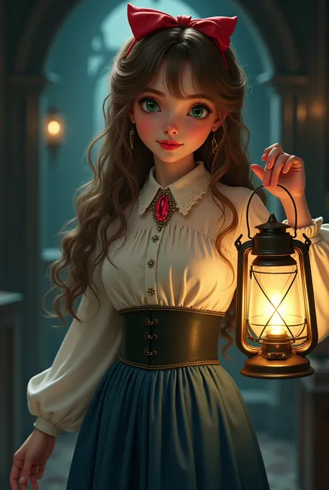 A semirealistic and cartoonish young adult girl in a dark misterious room holding a Lantern.She Is wearing an early 1900s outfit:a long puffed sleeved shirt with a Ruby gen pin with golden detailes and a long blue victorian shirt.The woman has light brown ...