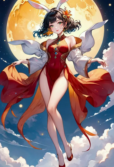 1 Gorgeous Chang&#39;e, (Float on fiery yellow moon); Perfect hair, perfect full lips, Delicate and perfect body, full body view, Her body is flawless, Amazing galactic garden, a white flurry rabbit, long rabbit ear, Background of moon glow, Floating on th...