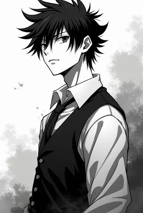 make a very aesthetic male anime character in the soul eater style, preferably I want it in black and white like Japanese manga 