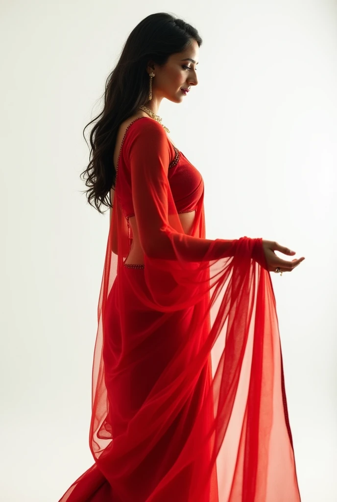 A beautiful hindu women wearing red saree, standing on floor, side view, talking, hand gesture, white background 