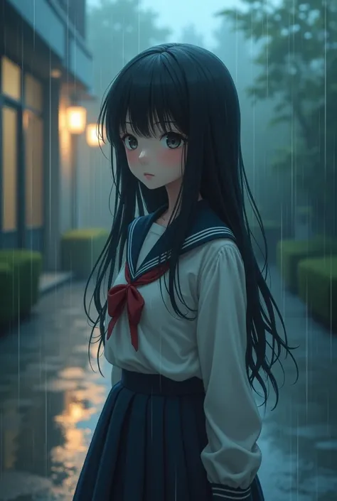 1girl, long black hair,schoolgirl uniform, shy, blush, wet, rain, transparent, (masterpiece, best quality), soft light, cinematic composition, cinematic light