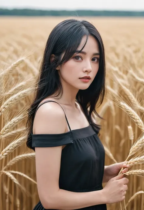 a woman, light black hair, medium length to the shoulder, small, full pupils, in a field of wheat,