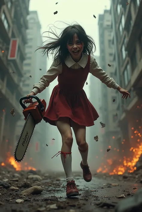 A photo of a possessed schoolgirl, her face contorted in fury, brandishes a chainsaw amidst chaos-filled city streets. Tattered tights and Mary Janes adorn her feet as she spins wildly, sparks flying from the saws teeth. 