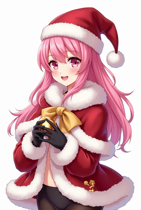 masterpiece,1girl, serina,pink_hair, gloves, black_gloves, fur_trim, hat, santa_costume, christmas, open_mouth, smile, bell, solo, red_headwear, pantyhose, white_background, pink_eyes, santa_hat, 