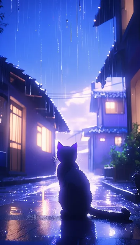 masterpiece, best quality, light particle, pixiv, depth of field, cinematic compotision, best lighting, outdoors, (lens flare:0.6), field, scenery, , fantasy, , 8k, 4k, , blue theme, purple light, rain, , 1 cat, roof