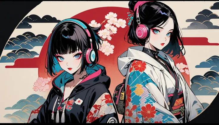 (((Ink Painting))), (((punk girl))), ((())), (((Flashy makeup))), (((Japanese style headphones))), (((Japanese patterned hoodie))), (((Put on the hood))), Japan人の美少女, Black Hair, Delicate and precise, Modern Ukiyo-e Style,Japan, Japanese flag, Vivid Color