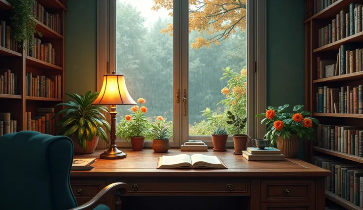 Create a classic study room with a dark wood desk placed near a large window that opens to a rainy autumn garden filled with blooming flowers. Inside, a tall bookcase and a vintage reading lamp add character, while the window shows raindrops gently falling...