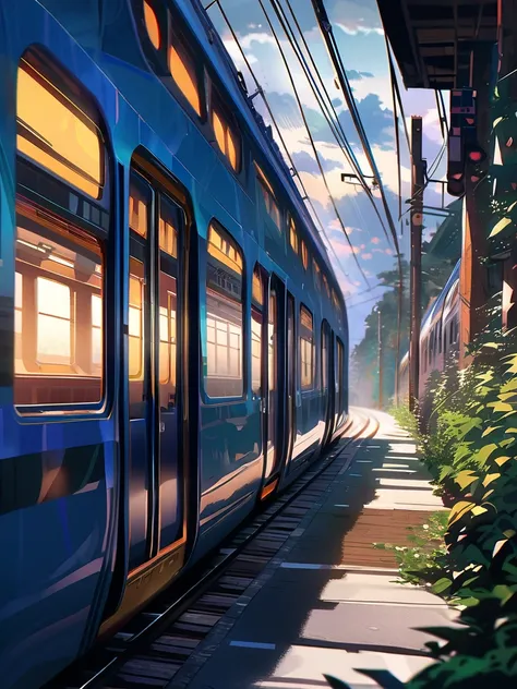 UHD, Super Detailed, Award Winning, Masterpiece, Accurate, -v6, Depth Of Field, Reflection Light, Ray Tracing, Glowing Light, Sparkle, an image featuring a perspective view of a railway track extending into the distance, flanked by lush greenery and overca...