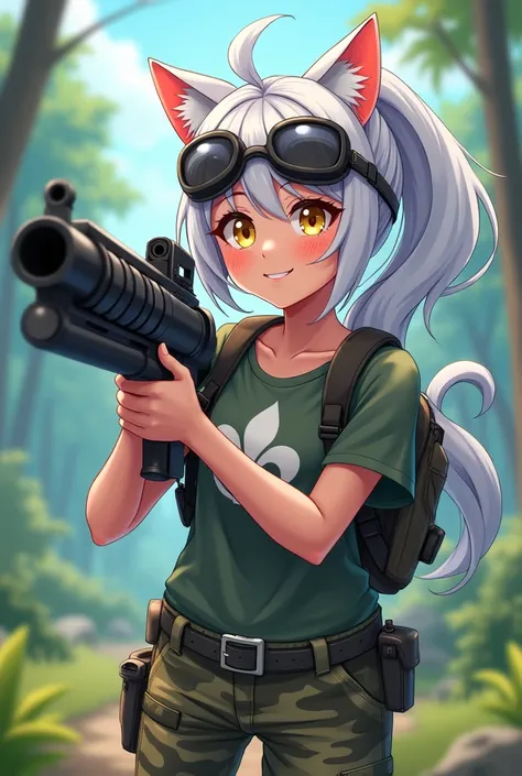 One girl, Long Hair, smile, Silver Hair,Cat ears, chest, Cat beard,Full body image,Having fun, lily logo shirt,Enjoying survival games,With a machine gun,Camouflage clothing,goggles,