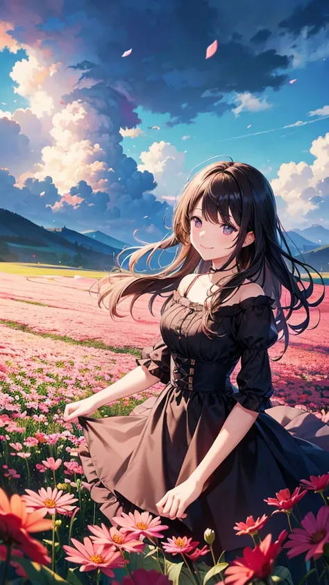 Create a scene where a girl in a vast flower field holds petals, smiling as she recalls her dreams. The background has dark clouds, but the flower field glows brightly.