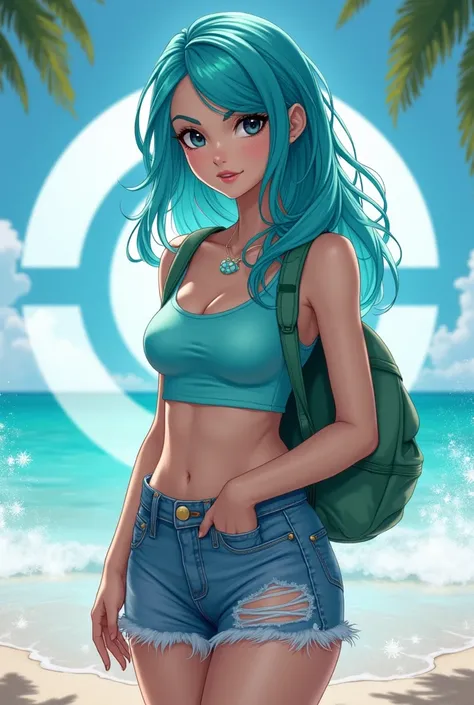 A beautiful  woman with aquamarine hair colour,she has black eyes, wearing sexy aquamarine squirtle themed tank top. wearing a short jeans.  wears a small aquamarine cute turtle shell backpack. she looks cool, she is standing in the middle of a beautiful b...