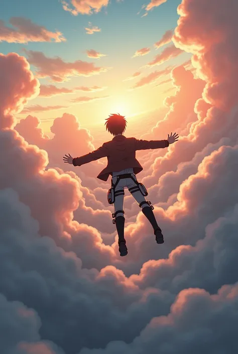 Kid eren Jaeger flying between moving clouds very far in the heavenly beautiful sky spreading hands back view standing inside a cloud 500 meters ahead  in different shades of morning sky and clouds ultra 3d 8k 