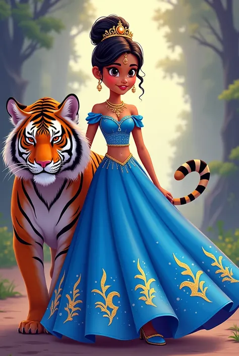 A cartoon queen wearing neon blue lehenga walking with a tiger . On her lehenga Awani is written in stylish letters.  Age 15