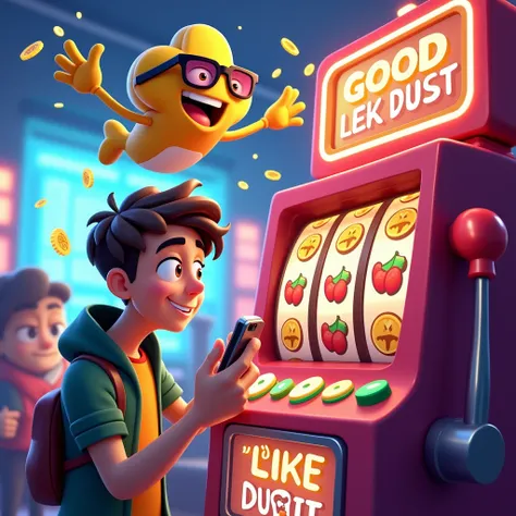 - Background: A bright slot machine with spinning reels featuring symbols like gold coins, cherries and jackpots (maybe even with a comically large lever).
- Main characters:
 - Funny cartoon quatrefoil wearing sunglasses showing like and looking very cool...