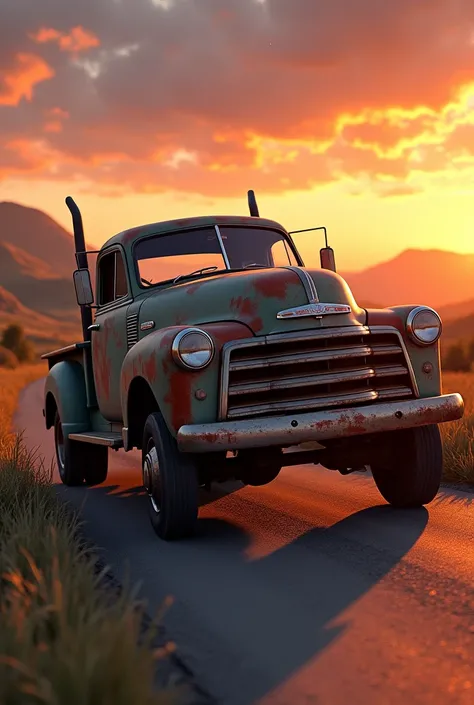 american style truck on its side on a beautiful road with the sunset in the background