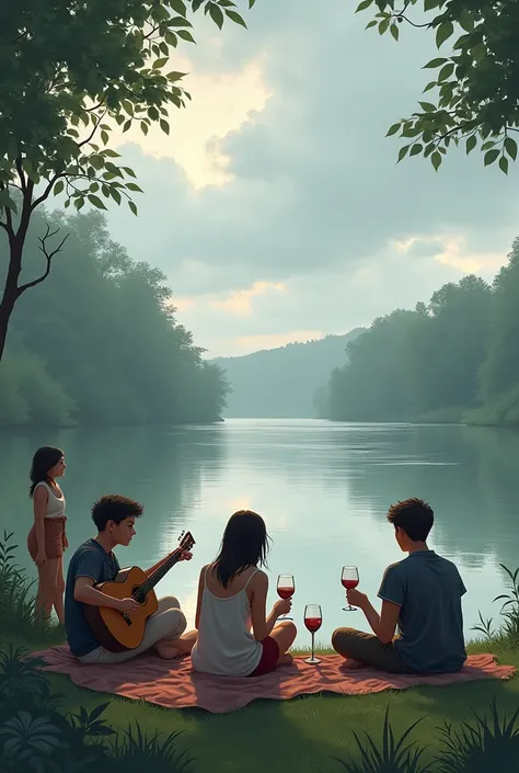 Create a picture where 3 people drink wine and chill together and one boy playing guitar in front of a river and the weather is cloudy .
On the other side a girl see them and laughing 