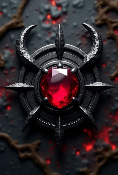 A black metal medallion with a ruby stone in the center, that shines with a demonic light. Small horns emerge from the sides of the medallion, giving a hellish appearance.