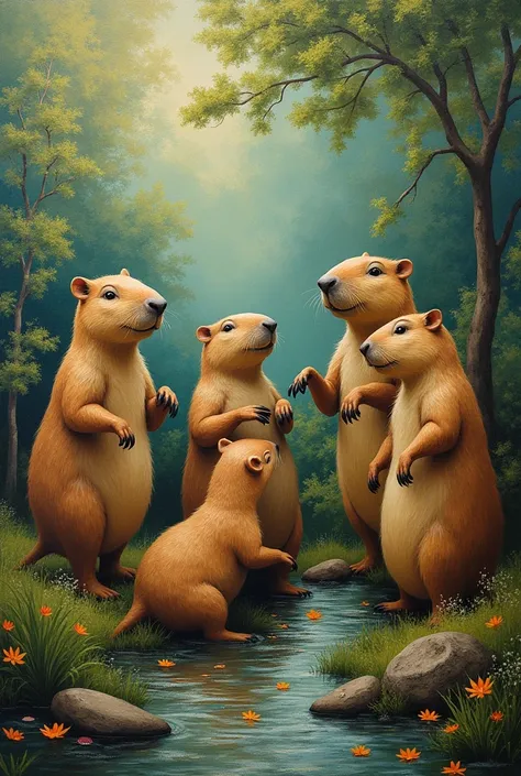 capybara characters painted by Claude Monet in oil, surrealism, impressionism, painting