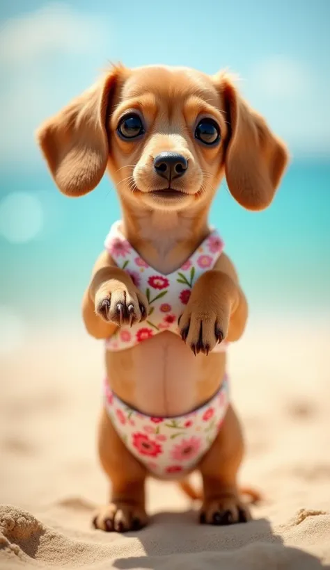 Ugly but cute cream colored dachshund puppy、Stand on hind legs、Cute and adorable for women、Big eyes、、She has a cute floral pattern「hate55」She is wearing a swimsuit。。、She is wearing cute paper underwear...、Nice sandy beach、masterpiece, Blurred Background, s...