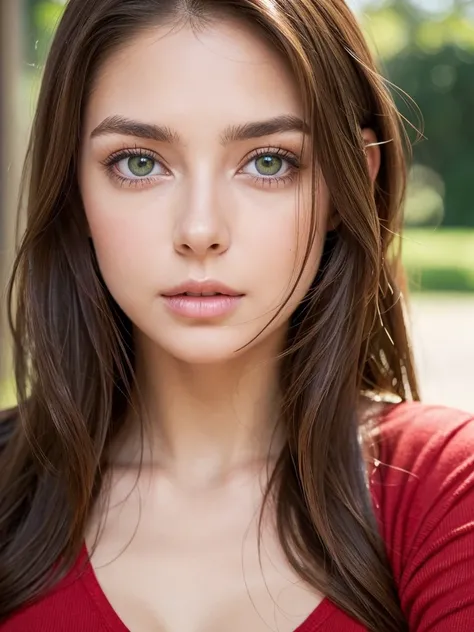 afed Woman wearing red shirt, Sexy girl with green eyes, tanned skin, Portrait Sophie Mudd, brown hair and large eyes, Violet Myers, without makeup, Natural makeup, staring directly into camera, cara con artgram, subtle makeup, Impresionante foto de whole ...