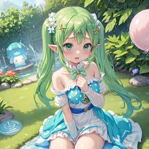 princess zelda、、girl、garden、slime、swimwear、polka dots、twin tails、green姦、sweat、get wet、drip、rubber balloon、green