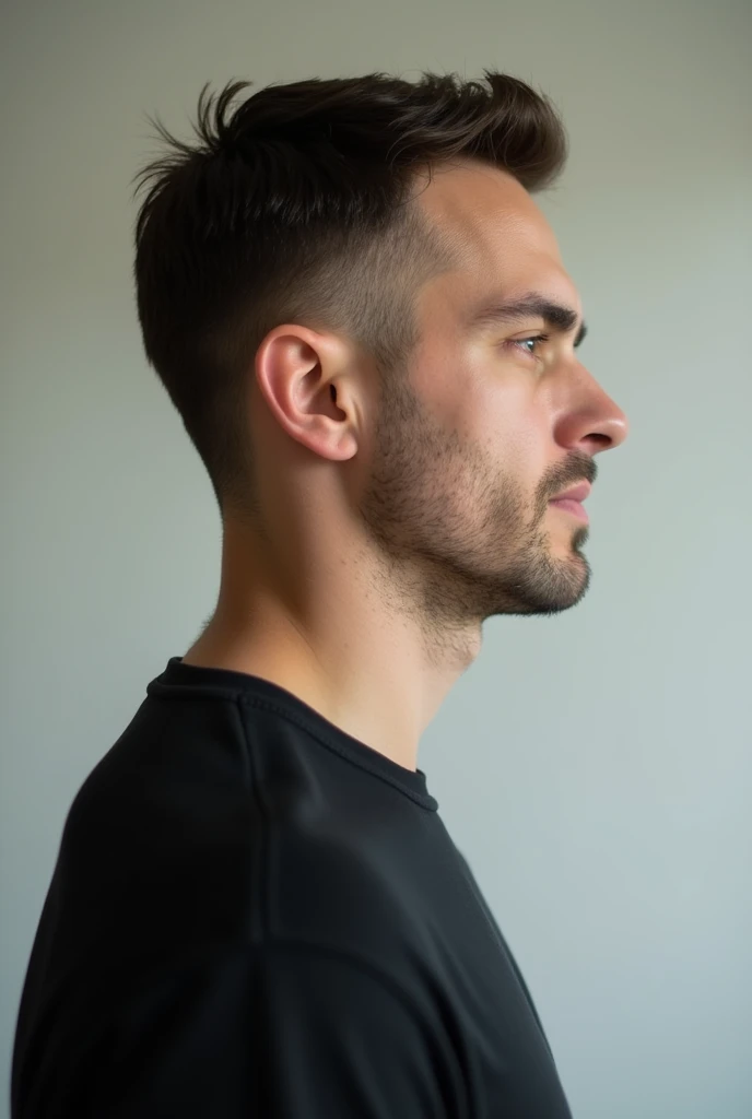 Side profile photo of a man with short hair, around 2, no beard, wearing a black T-shirt.
