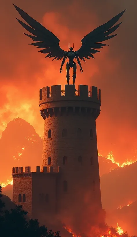 (Christian Lassen style)、Medieval European stone castle watchtower、The surrounding area is ablaze with fire、Robot Soldier of Laputa: Castle in the Sky、Robot soldier stands on the watchtower。The robot soldier&#39;s arms are as long as wings.。A view of the o...